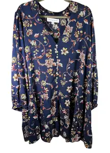 Emma & Michele‎ Women's 3X Blue Floral Long Sleeve Button Down Tiered Dress New
