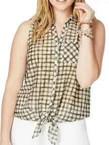 J Jill Top Cotton Silk Tie Front Sleeveless Blouse Moss Green Check Plaid Xs