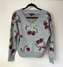 Social Scene Gray V-Neck Sweater with Cherry Design