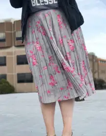 Banana Republic A-Line‎ Pleated Midi Skirt Grey Pink Ikat Print