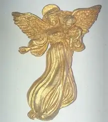 Vintage Soft Satin Gold Tone Guardian Angel Boho Brooch Shoulder Pin