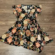 Xhiliration Faux Wrap Short Sleeve Floral MIDI Knee Length Dress Black Tan Large