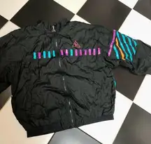 Vintage 80s 90s Le Coq Sportif Full Zip Windbreaker Black Teal Neon Purple sz L