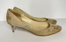 Jimmy Choo Nude Esme Kitten Heel Pumps Women EU 36 US 6 Beige Suede Gold Glitter