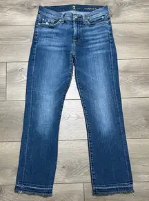 7 For All Mankind Cropped  Boot Stretch Blue Jeans Frayed Hem Size 26