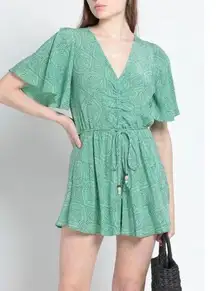 MAJE Imaro Paisley-print Crepe Playsuit In Ethnic Green Sz. XS/S