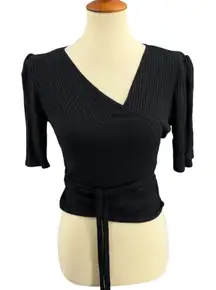 Reformation Jeans Black Ribbed Wrap Crop Top Puff Sleeve Tie Waist Size XL