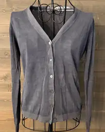 Grey V-neck, mother of pearl button-down cardigan