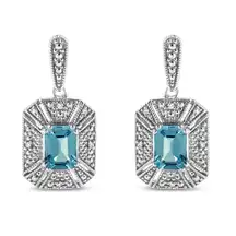 Haus of Brilliance .925 Silver Emerald Shape Blue Topaz & Diamond Dangle Earring