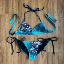 ED HARDY Vintage Y2K Rare Blue Black Skull Love Kills Slowly String Bikini Set