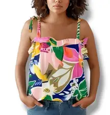 Eloquii Paradiso Print Tie Strap Crop Top Plus 22 Tropical Floral Linen Blend