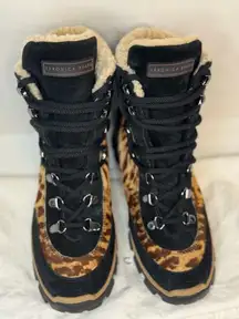 Veronica Beard Galina Leopard Print Leather Workwear Barn Boots Size 7.