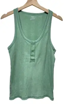 Aerie Tank Top‎ Womens L Green Henley Sleeveless Ribbed Waffle Knit Stretch