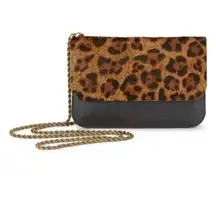 Cabi Black Leather Cheetah Calf Hair Chain Wallet Clutch Crossbody Bag New