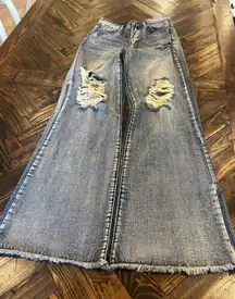 Vibrant Distressed Flare Jeans Women 5/26 Boho Western Cowgirl Aztec Fringe