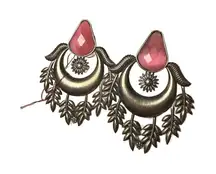 Oxidized Silver Tone and Pink Stone Earrings