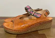 L'Artiste Womens‎ Sandals Wedge 8.5 Tooled Leather Slingback Artistic Buckle