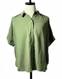 Halogen Olive Green Short Sleeve Button Down Top‎ Blouse Relaxed Fit Preppy