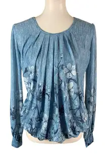 Timeson Blue Floral Pleated Long Sleeve Flowy Top Medium