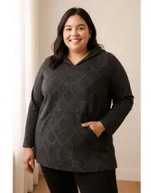 Casual Cozy Boho Print Hoodie Tunic Livi Black Gray Plus Size 18/20