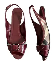 Burberry Women’s Vintage Butgundy Patent Leather Nova Check Peep Toe Flats 41