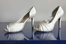 David's Bridal White Heels with Peep-Toe and Ruched Detail Ivory