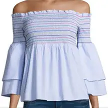 Belle + Sky Blue Off the Shoulder Peplum Top NWT Delight Blue Strip Size Small