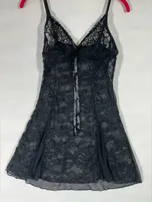Black Lace & Mesh Net Chemise Nightgown with Ribbon & Rhinestone 
Sz S NEW