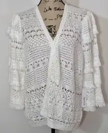 Chico’s Women’s White Tier Sleeve Fringe Cha Cha Sleeve‎ Cardigan Sz Med (1)