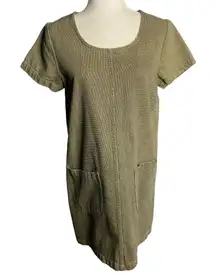 Vintage 90s Studio 25 Denim Mini Shift Dress M Brown Blue Short Sleeve Pockets