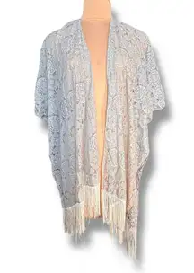 Gray Lace Fringe Kimono Cardigan Sheer Boho Festival Beach Cover Up Shawl