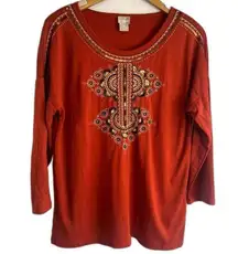 Chico's 3/4 Sleeve Tribal Motif Scoop Neck Top Size 0R‎