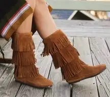 MINNETONKA Brown Suede Three Layer Fringe Boots, Size 9