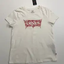 Levis Tee Shirt Top Graphic Floral Vines Lightweight Crewneck Red Cream Ivory