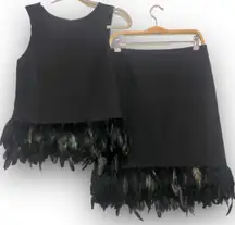 Nicole Miller Vintage Nicole by  2 piece set Sleeveless top XS & mini skirt 8 black feathers trim BOTH pieces!