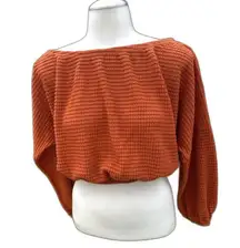 Retro Women's CottageCore Rust Long Sleeve Waffle Knit Cropped Top Boho Small