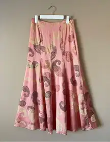 LES JUPES | Pink Silk Hand Painted Paisley Maxi Skirt Sz 8