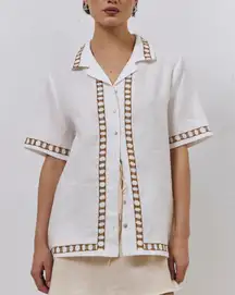 VRG GRL $132 Ricci Linen Button Blouse Shirt SKYROS White Brown Embroidered