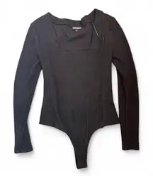 STEVE MADDEN Bodysuit Womens Size L Black Ribbed Long Sleeve Textured