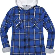 Womens Fleece Hooded Flannel Shirts Plaid Button Down Flannel Shirt Hoodie MD