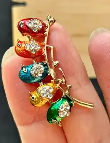 Colorful, Sparkly “Birds on a Branch” Fashion Rhinestone Brooch, Gold