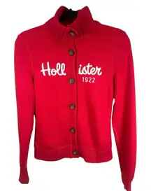 Hollister Red Button Fleece Cardigan Jacket Y2K Preppy Logo M Soft Girl Cozy