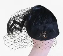 1940s Vintage Black Feather Fascinator Hat Veil Elegant Mid-Century Millinery