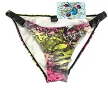 Sinful by Affliction Bikini Bottom Studded Heart Tiger Rhinestone Pink Yellow L