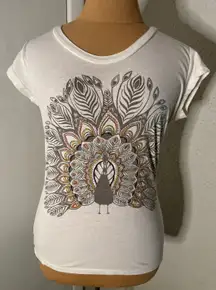 Fossil Short Sleeve Embroidered Look Peacock Vintage Style Tee S Casual Boho