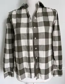 Loft • Olive Green and White Plaid Button-Up Shirt