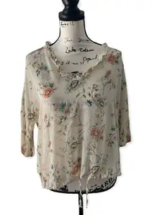 DR2 Semi-Sheer Floral Boho Blouse | Size S | Ruffled Neckline & Drawstring Hem
