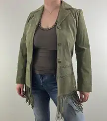 ARTURO Vintage 90s Army Green Suede Leather Grunge Fringe Hem Button Up Jacket