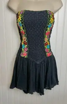 Jen's Pirate Booty black floral embroidered strapless smocked mini dress size XS