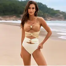 Chic Tan and Cream One Piece cut out design Swimsuit with Vintage Style M